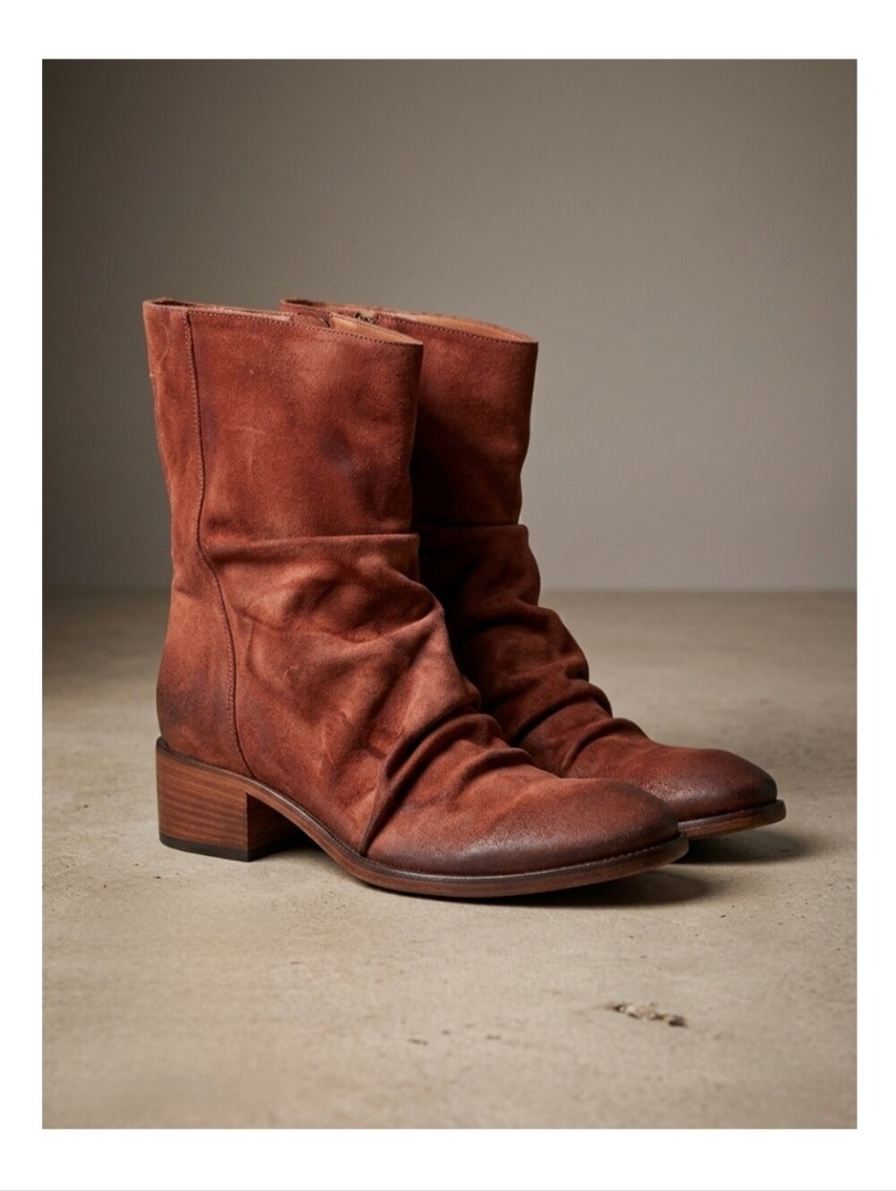 Designer Premium Quality Genuine Leather Waxed Suede  Slouch Ankle Boots In Rust